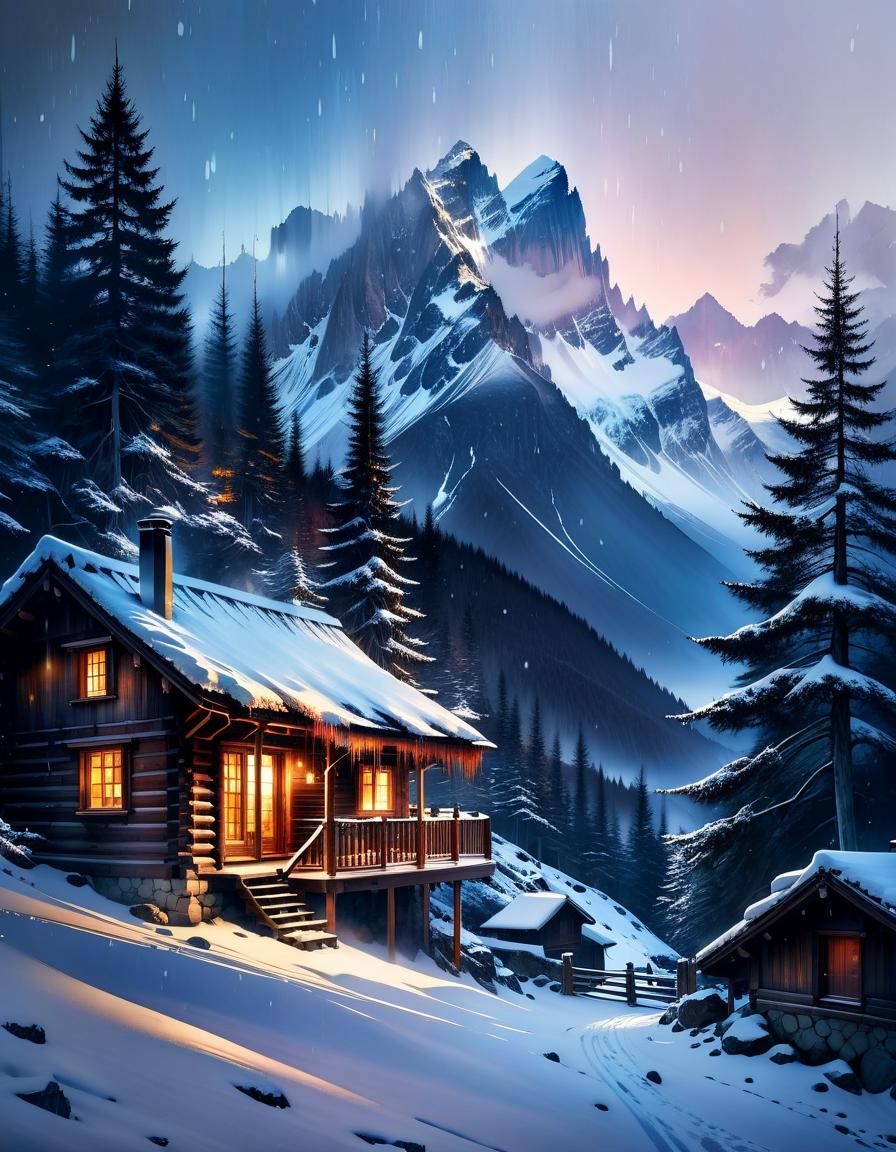 Winter Cabin Mountainscape in Watercolor Art Style