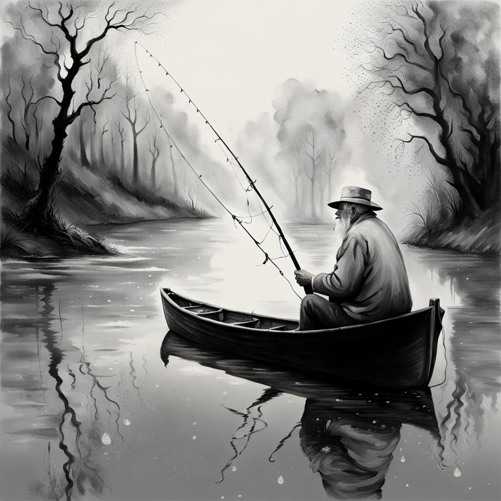 Old Man Fishing: Surreal Impressionist River Scene