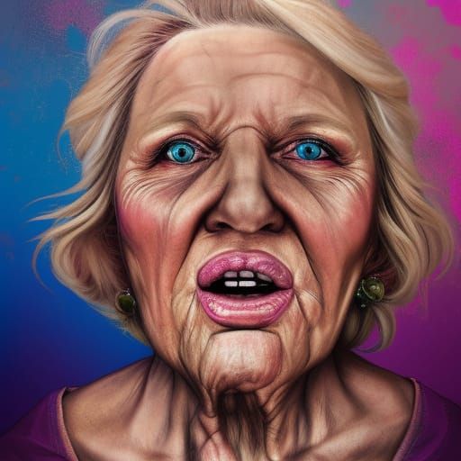 Hyperrealistic Portrait of a Wrinkled Blonde Granny
