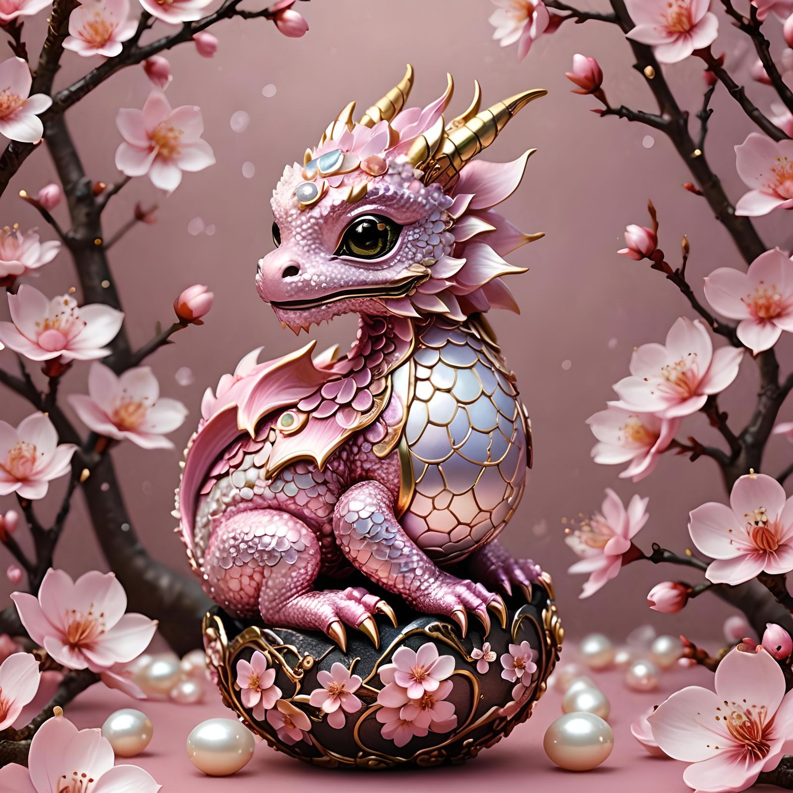 Adorable Sakura Dragon Hatchling in Gilded Egg