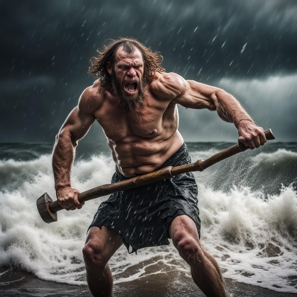 Angry Neanderthal Man Emerges from Stormy Sea