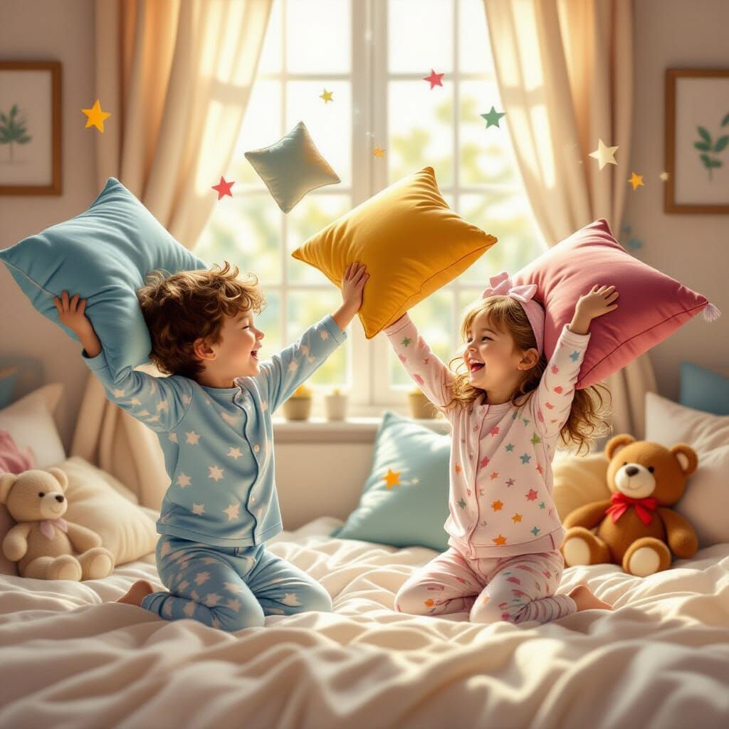 Children's Pillow Fight in Imaginative Realism Style