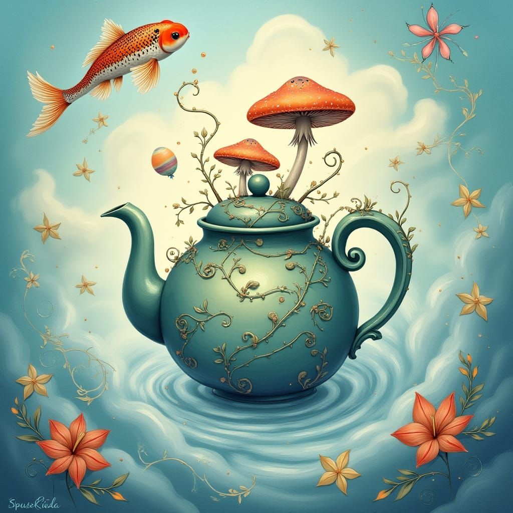 Surreal Whirlwind with Teapot, Mushroom, Lollipop, Koi Fish,...