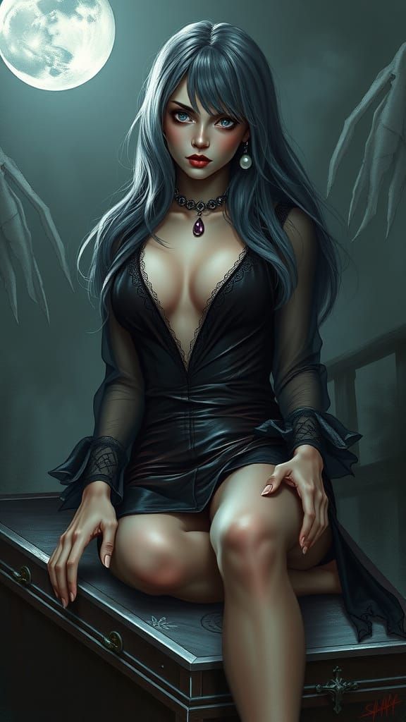 Ethereal Vampire Goddess in Moonlit Darkness