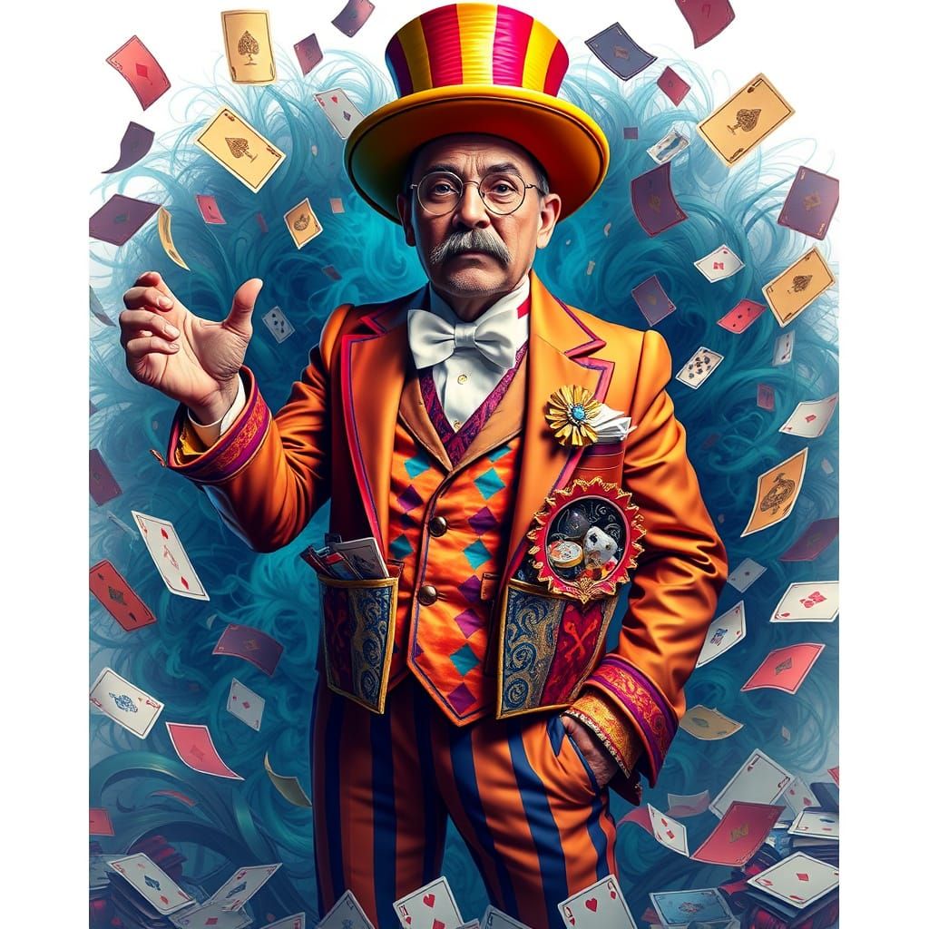Magician in Maximalist Attire Amidst Colorful Cards