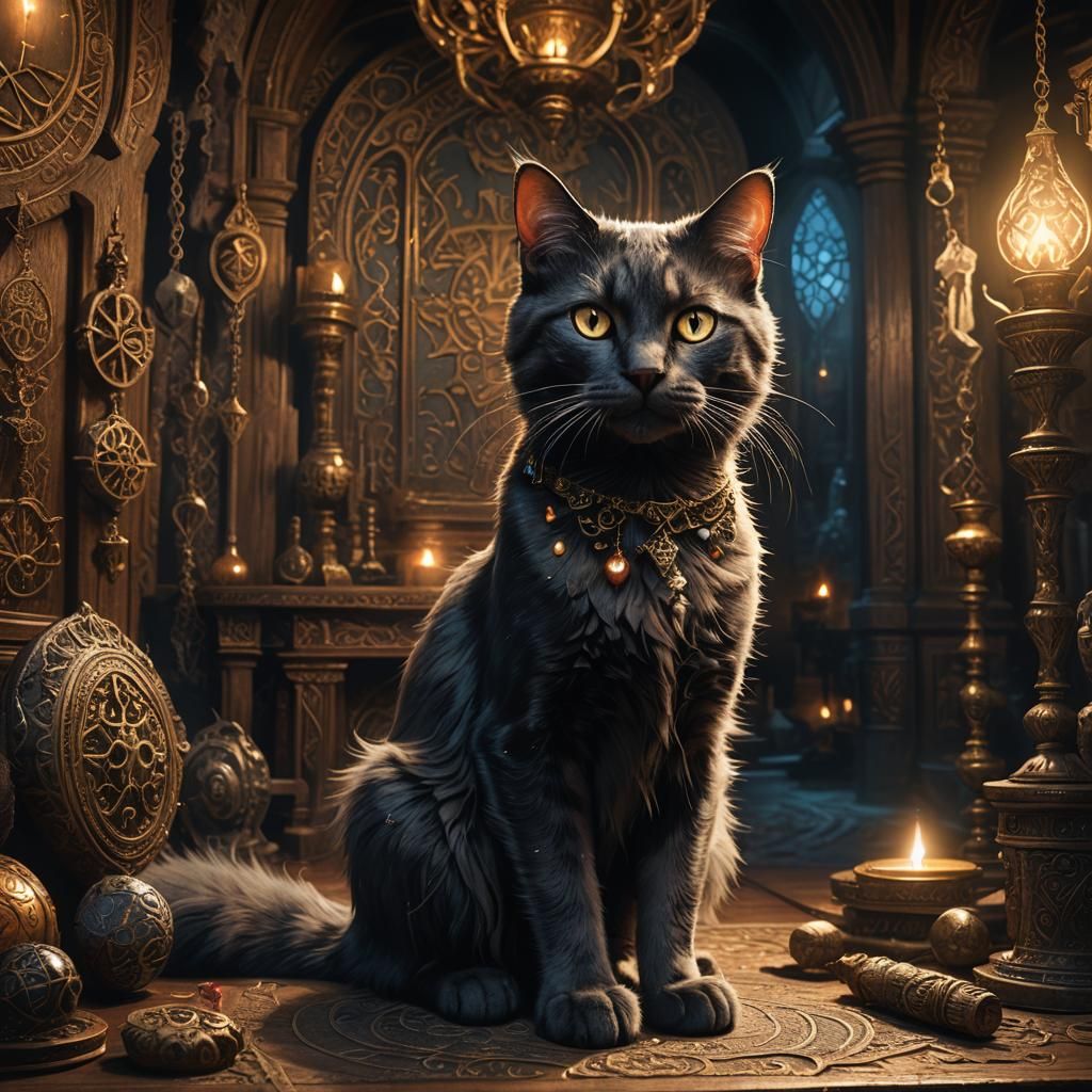 Mystical Salem Cat in Ornate Room: Fantasy Concept Art