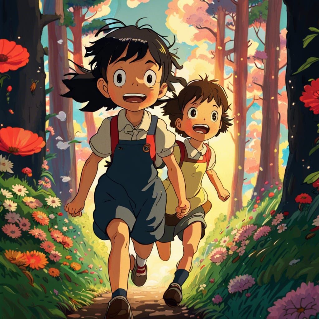 Kids running in the forest ghibli vibes