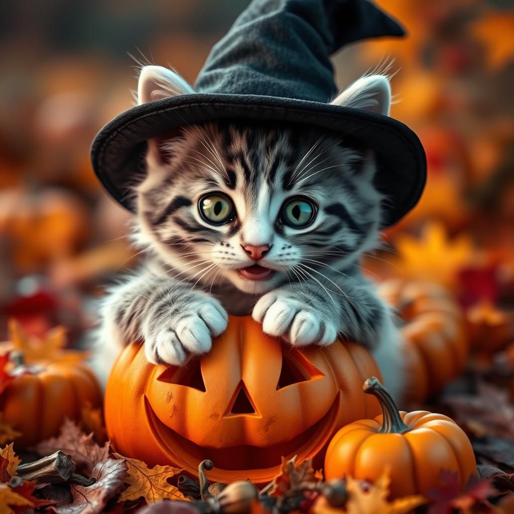 Happy Tabby Kitten Poses with Jack-o'-lantern in Autumn Scen...