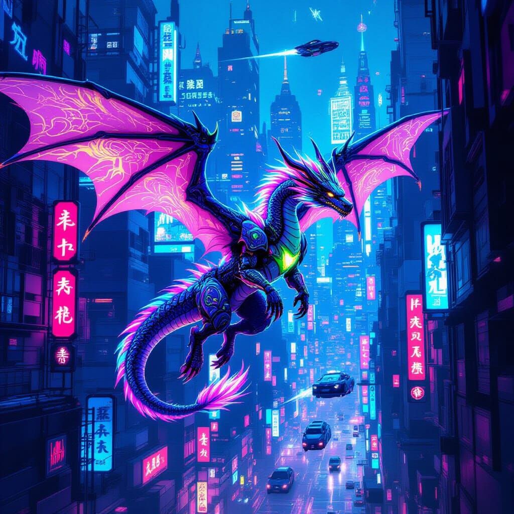 Bioluminescent Dragon Soaring Through Cyberpunk Metropolis