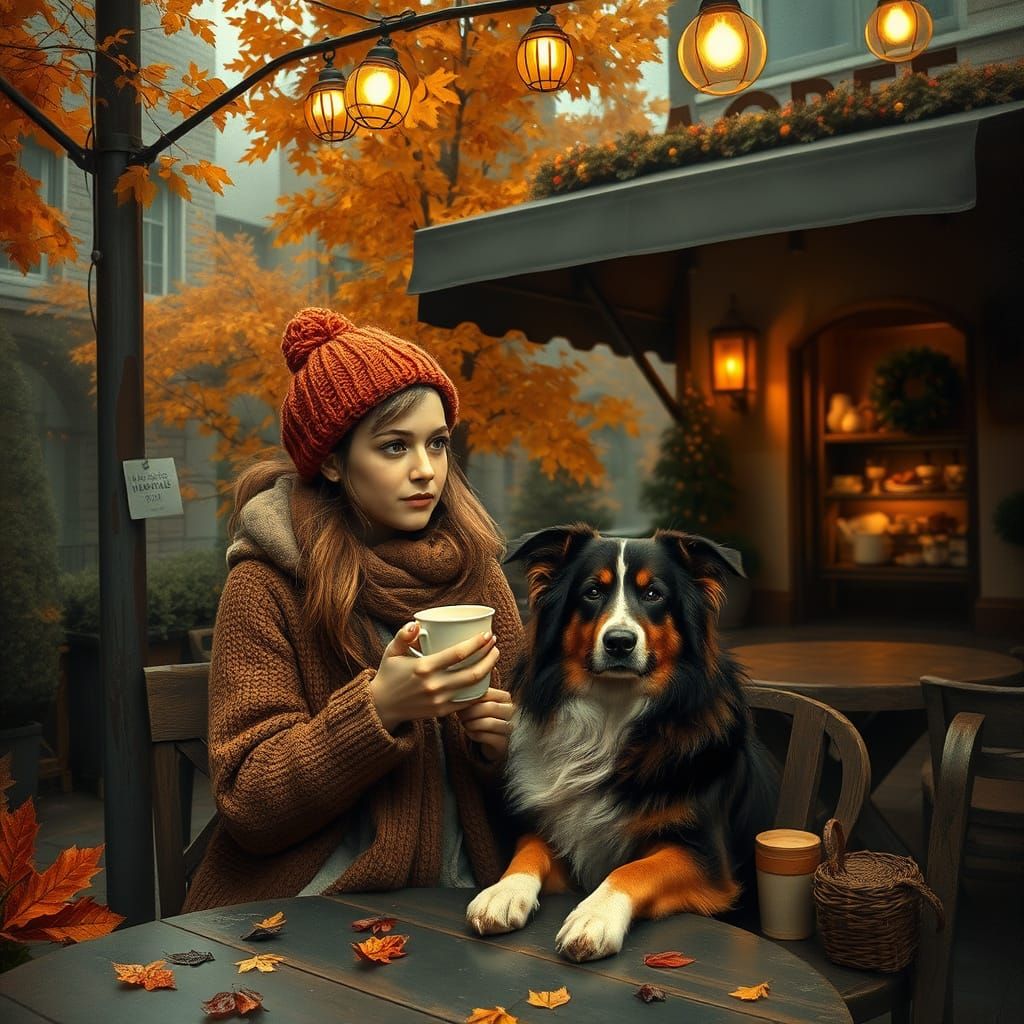 Cozy Autumn Goddess Sips Coffee Amidst Whimsical Shadows