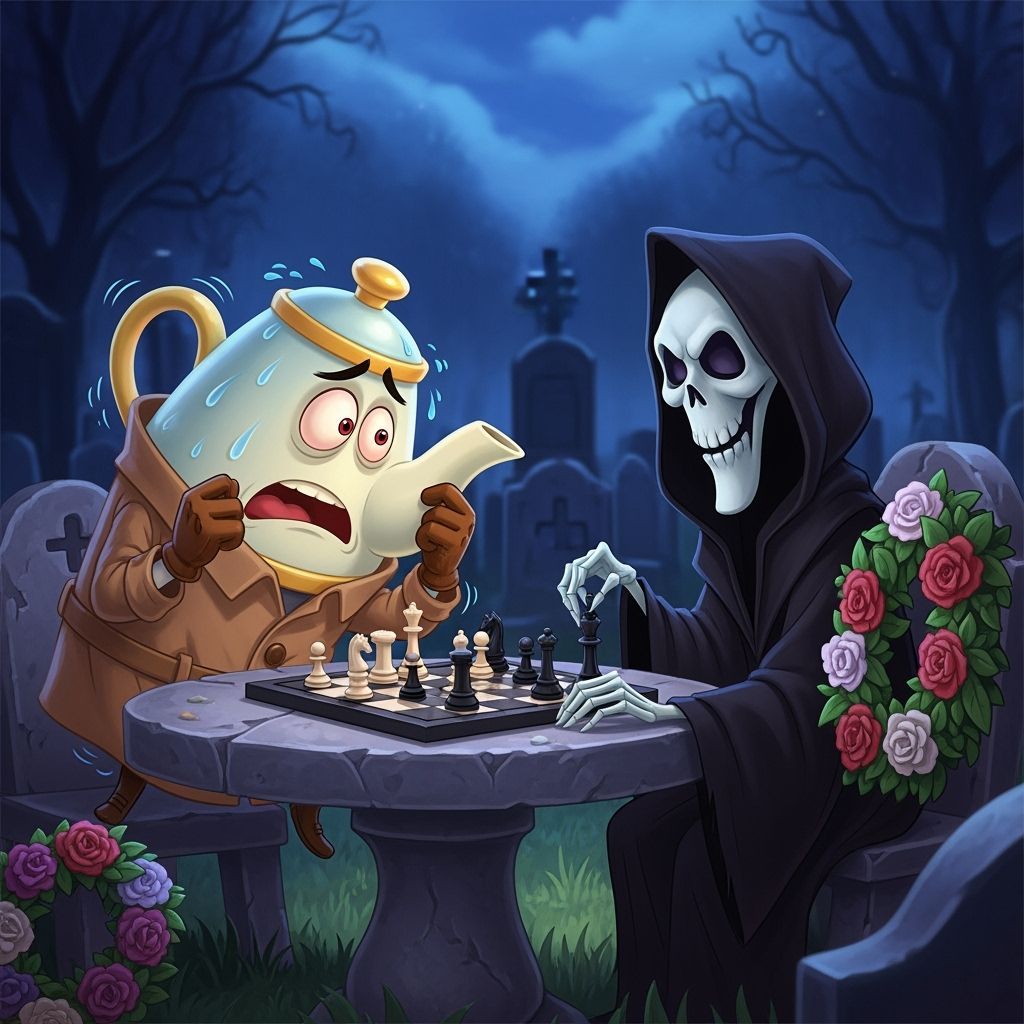 Teapot Plays Chess with Grim Reaper in Cemetery