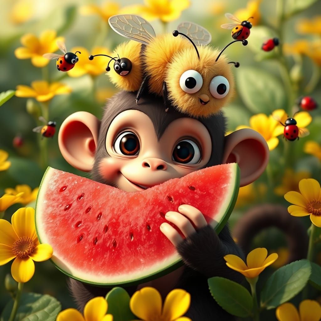 Cute Monkey with Watermelon and Bee in Disney Style