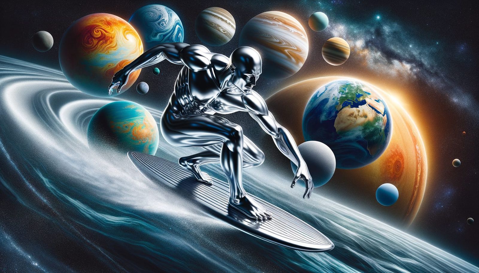 Silver Surfer Gliding Through the Solar System