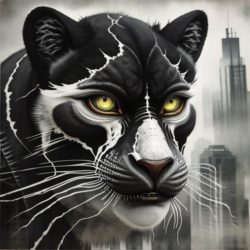 Surreal Double Exposure: Monster in Dystopian Cityscape