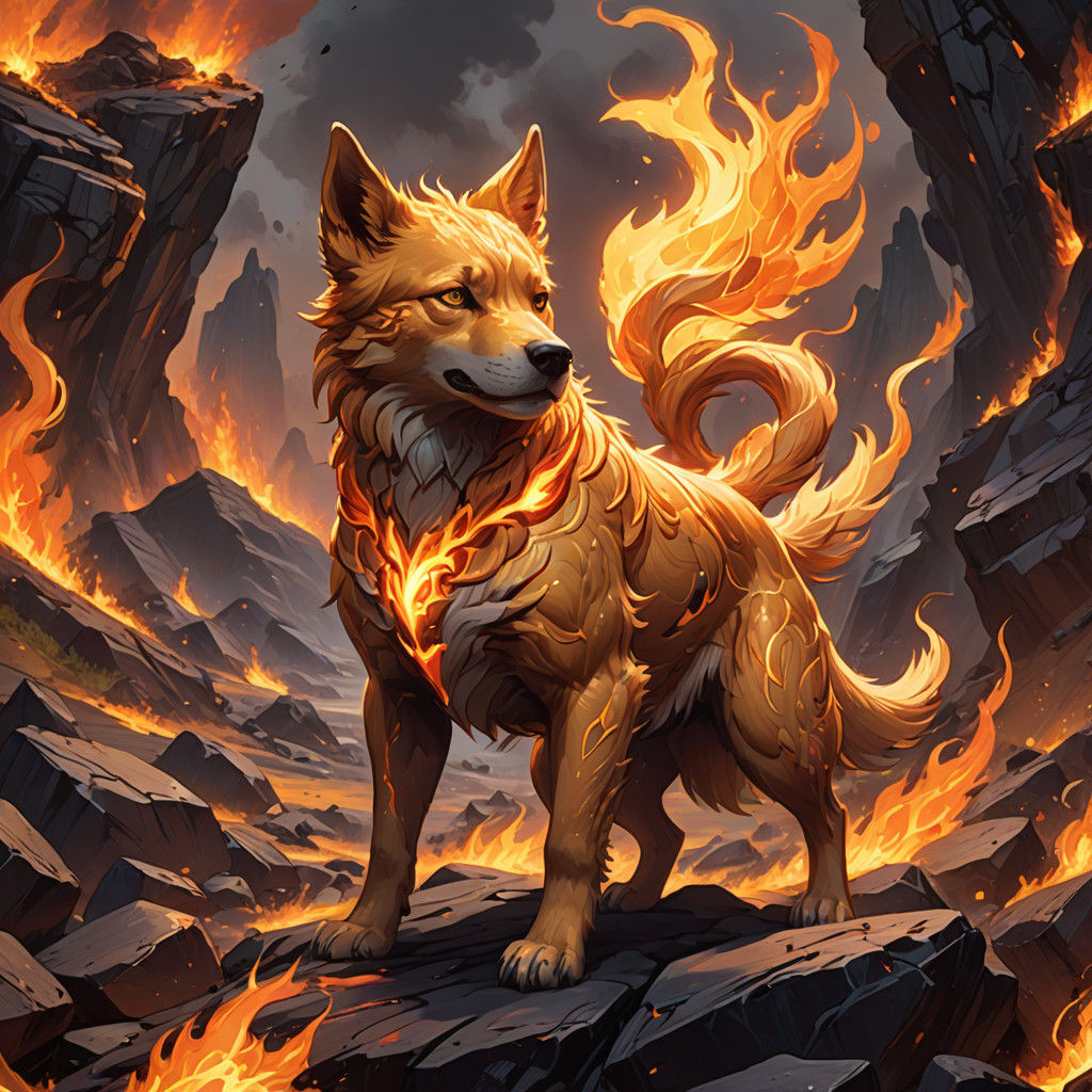 Fiery Elemental Dog Ignites Volcanic Landscape in Anime-Insp...