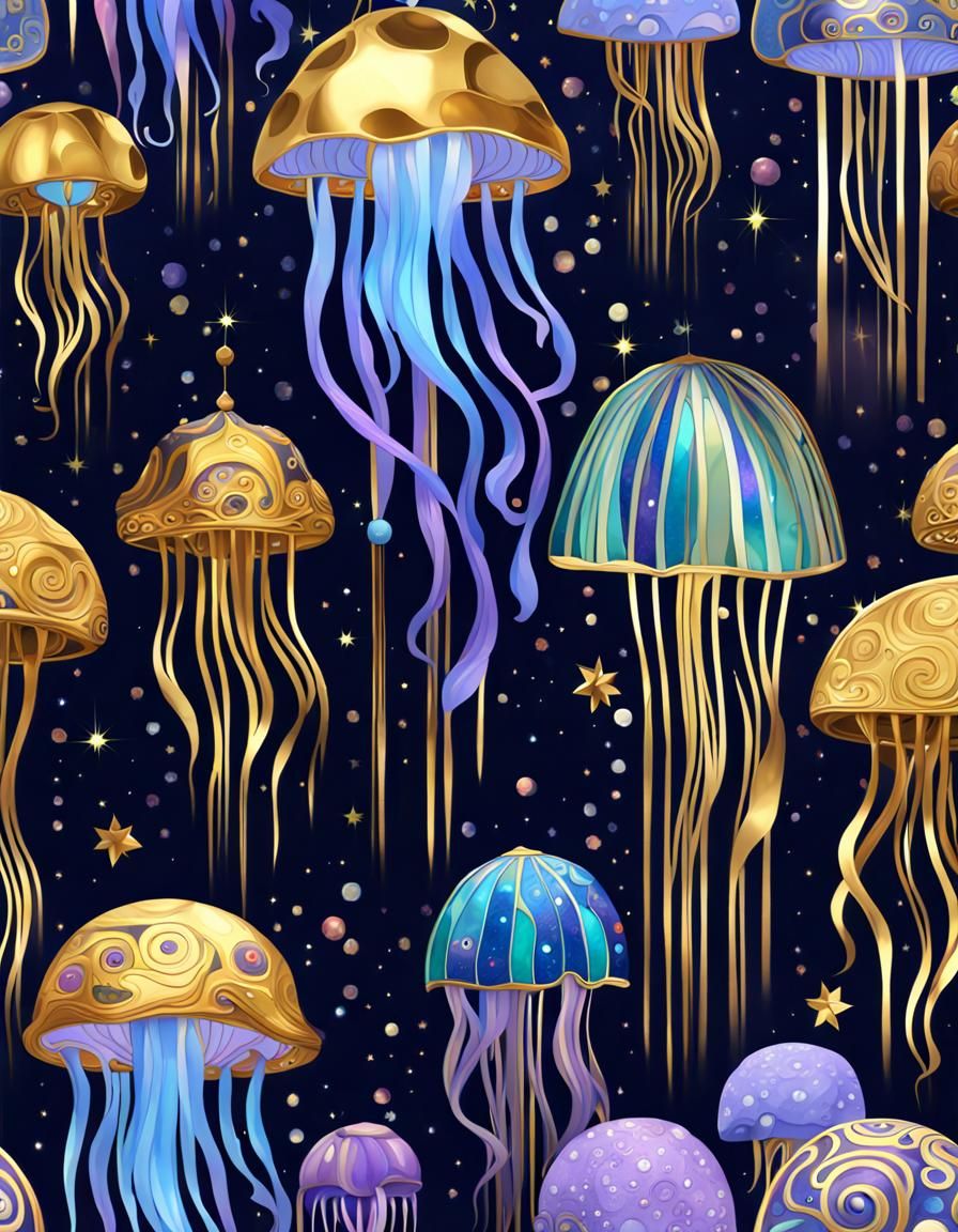 Klimt Style Blue Jellyfish with Rainbow Accents