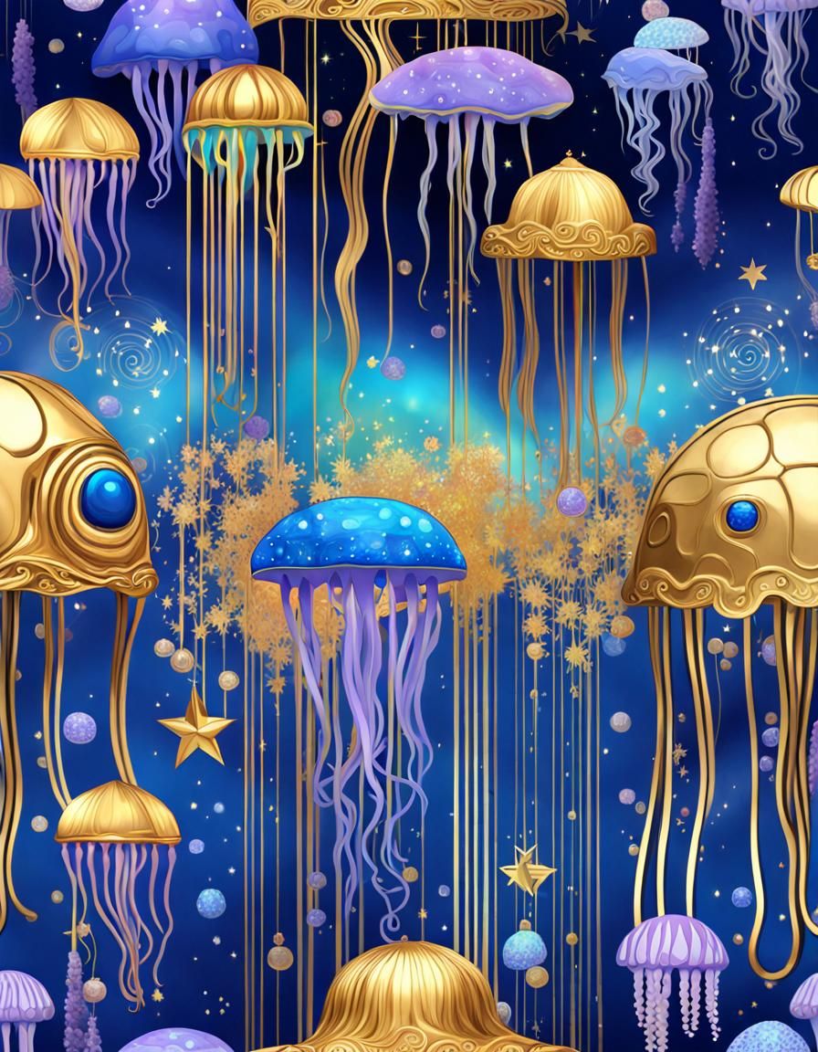 Cute Blue Jellyfish in Klimt Art Nouveau Style