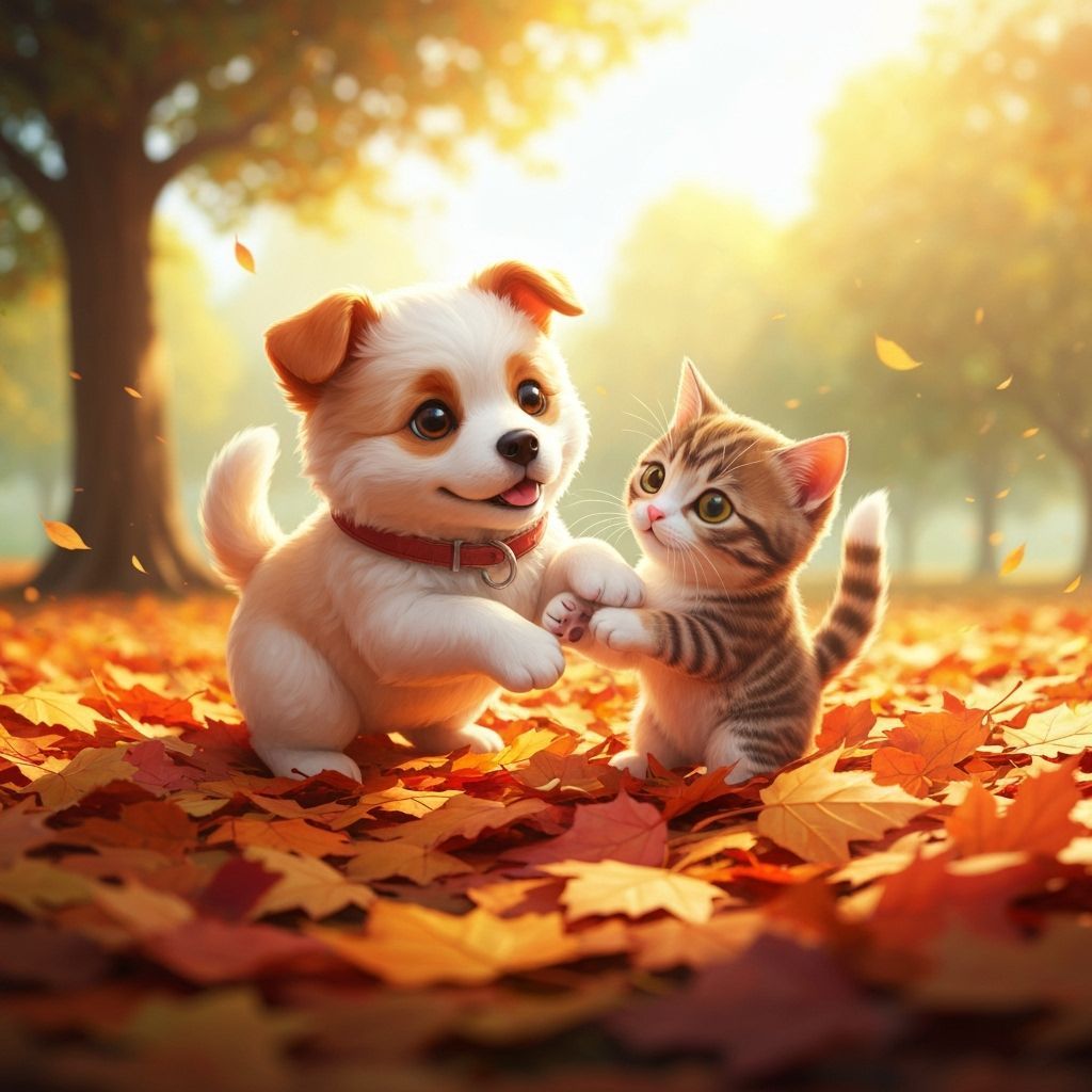 Puppy and Kitten Play in Autumn Leaves, Chibi Style