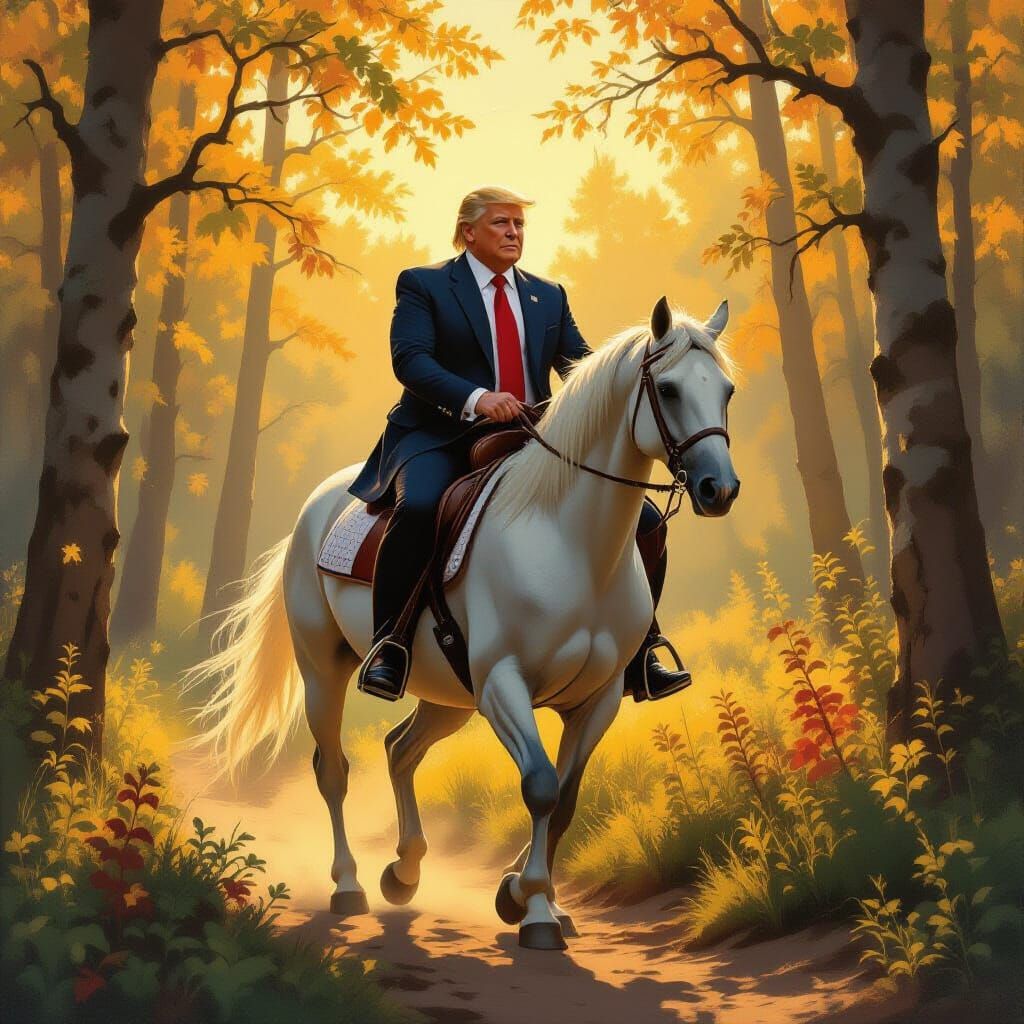 Trump on White Horse in Sunlit Forest Oil Painting