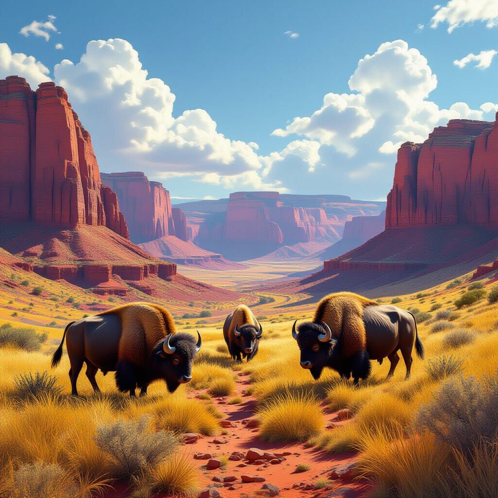 Three Buffalos in Red Canyon, Dark Fantasy Concept Art