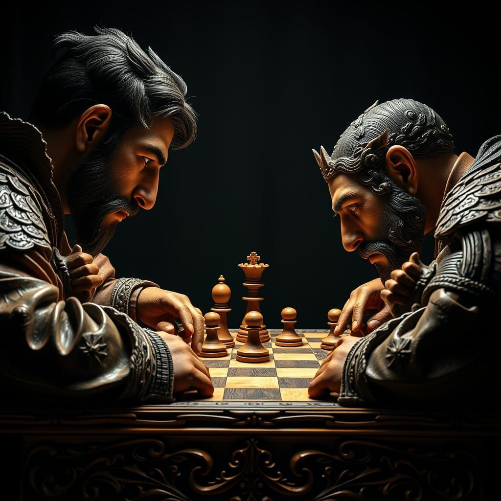 Dramatic Chess Players in Ornate Wooden Setting