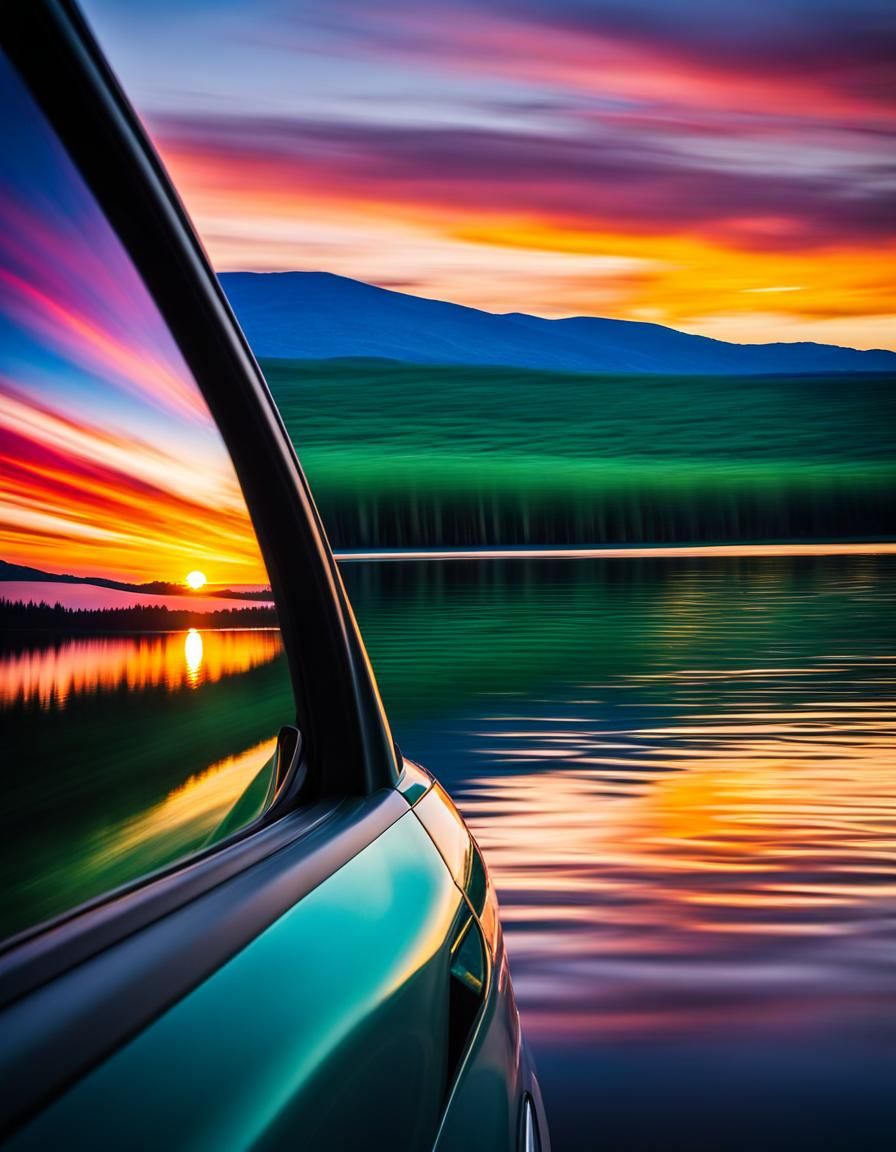 Sunset Lake View from Car Window