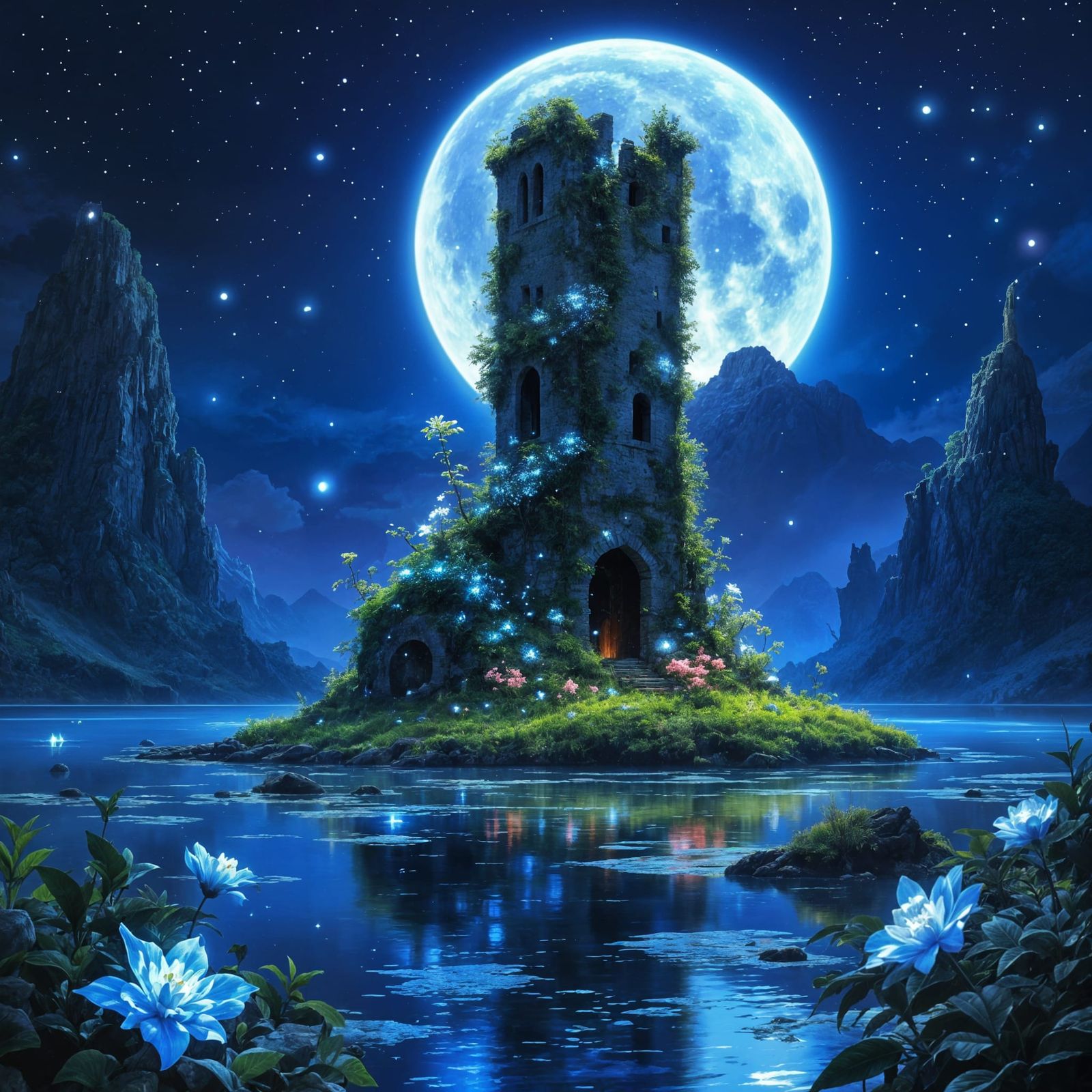 Crumbling Tower Island with Neon Flora