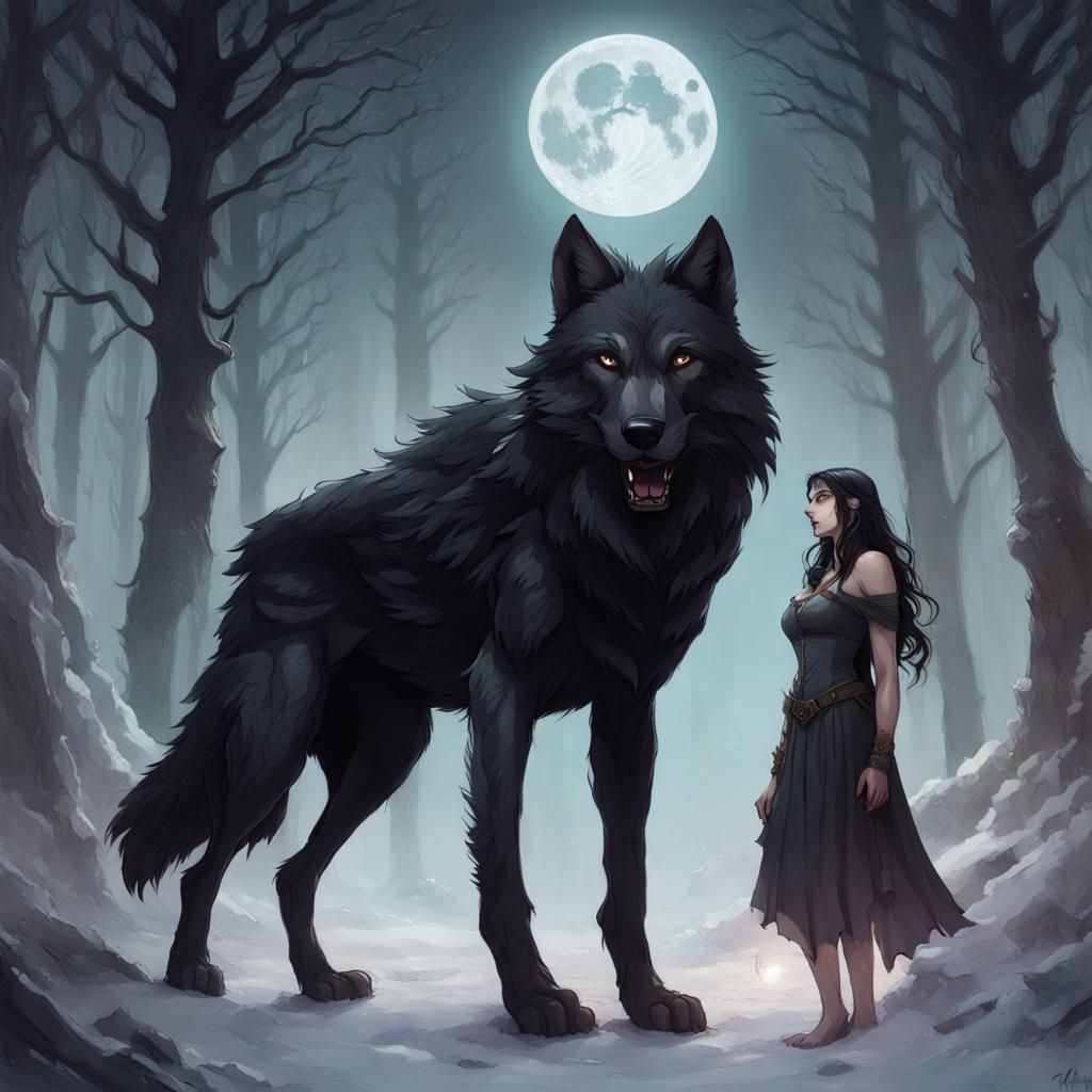 Witch and Wolf Portrait Under the Moon