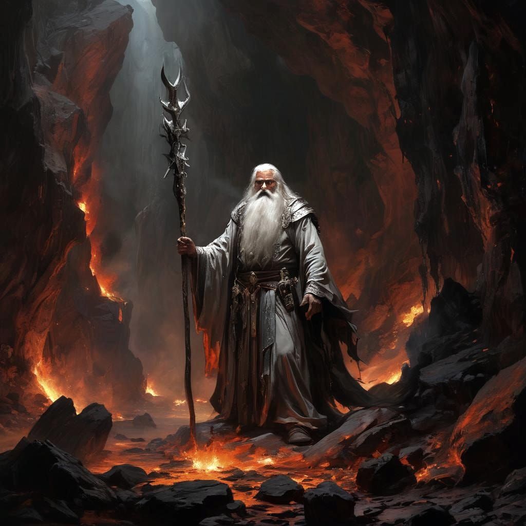 Wizard Confronts Fire Demon in Fantasy Art Style