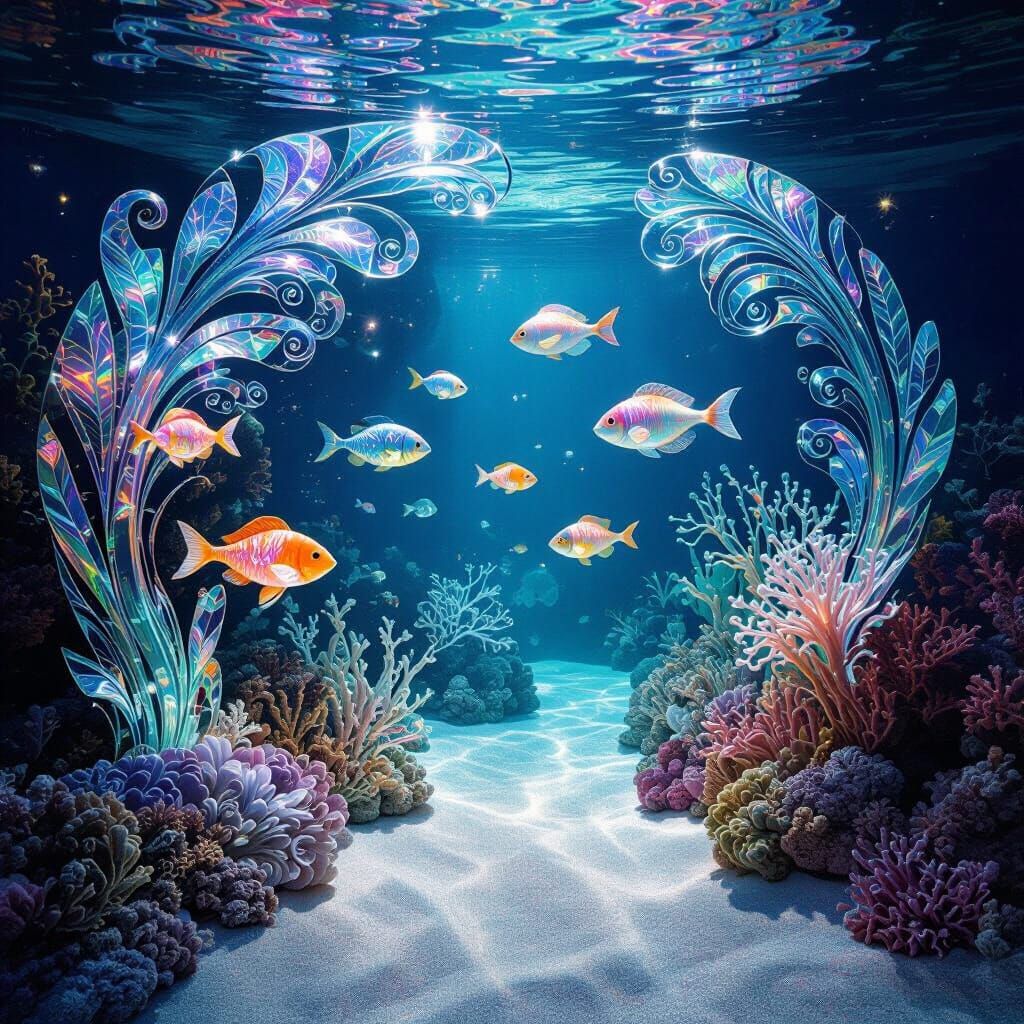 Glass Coral Reef with Bioluminescent Sea Life in Art Nouveau...