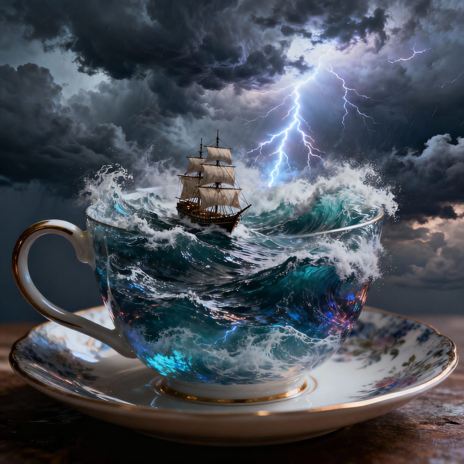 Surreal Storm in Teacup with Ship and Lightning