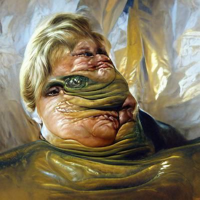 Erna Solberg and Jabba the Hutt Hybrid Painting