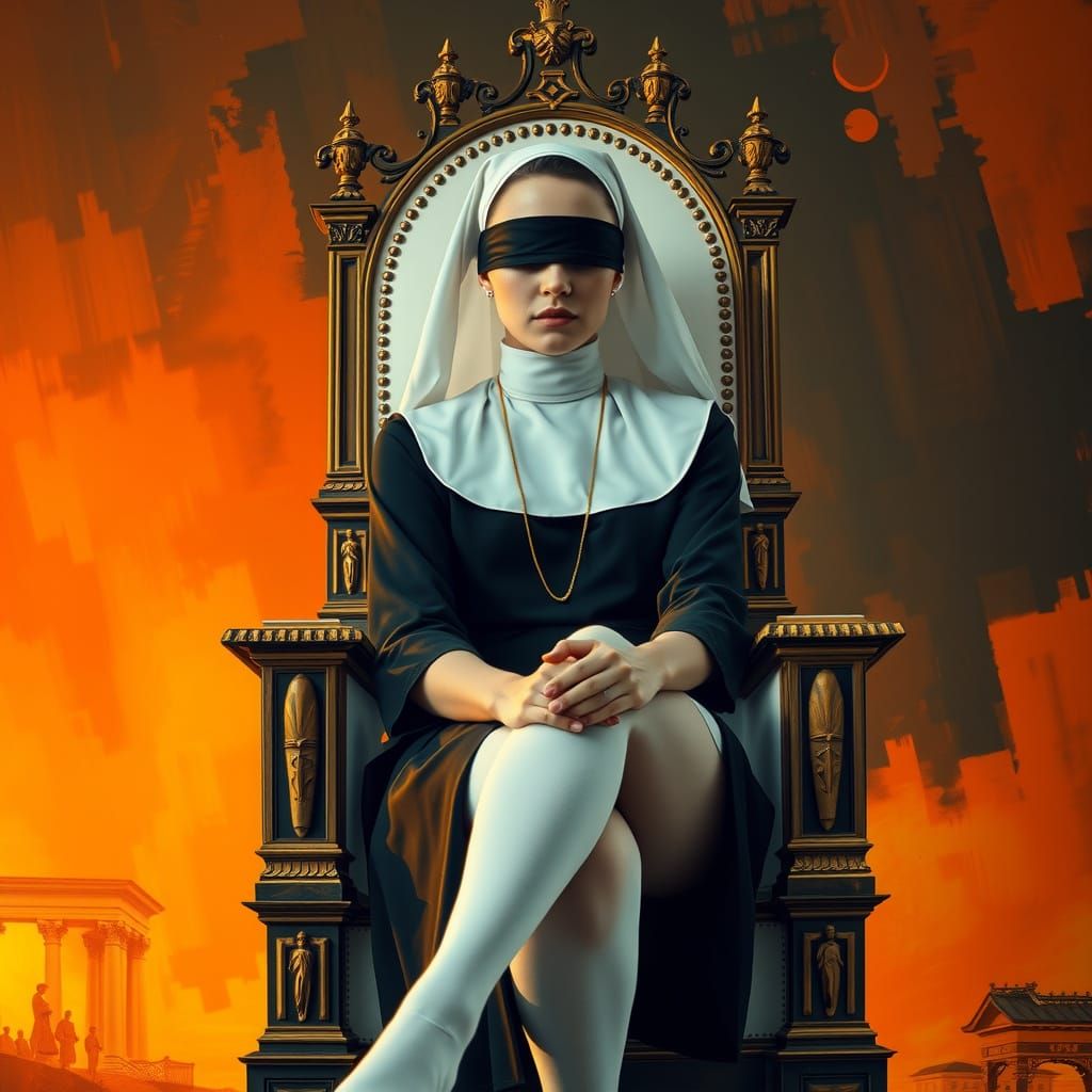 Surreal Nun Commands Authority in Fiery Abstract Background