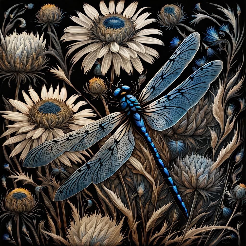 Dragonflies Chase on Blackened Metal in Folk Art Style