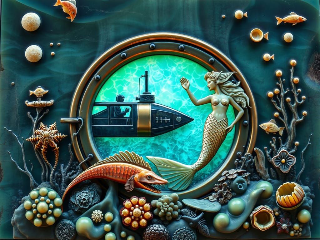 Ammolite Bass Relief Carving: Mermaid and Submarine