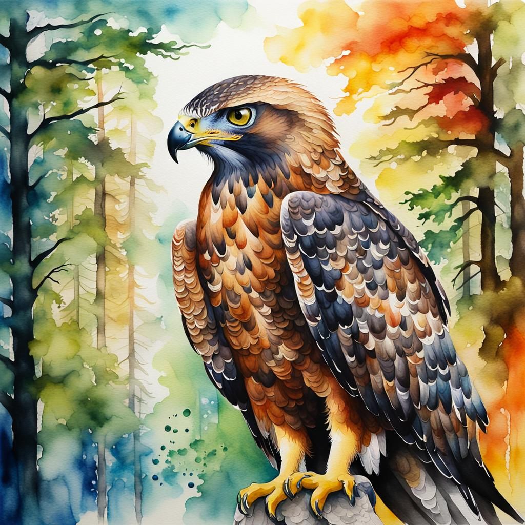 Majestic Hawk in Mystical Forest, Watercolor Painting