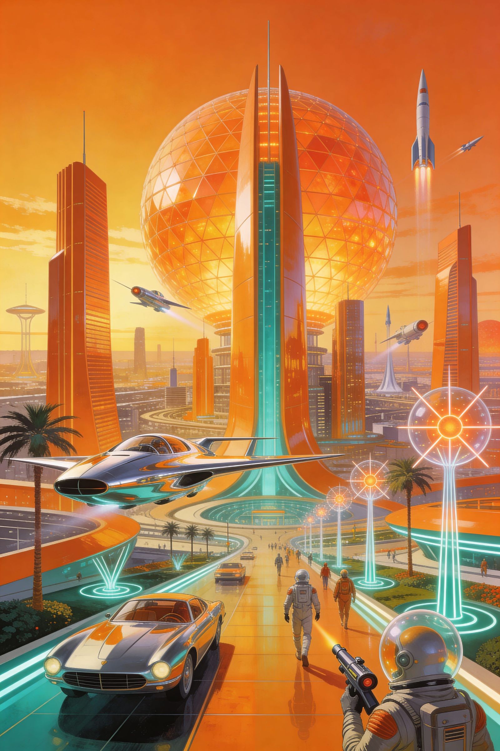 Retro-Futuristic Utopian Cityscape at Golden Hour