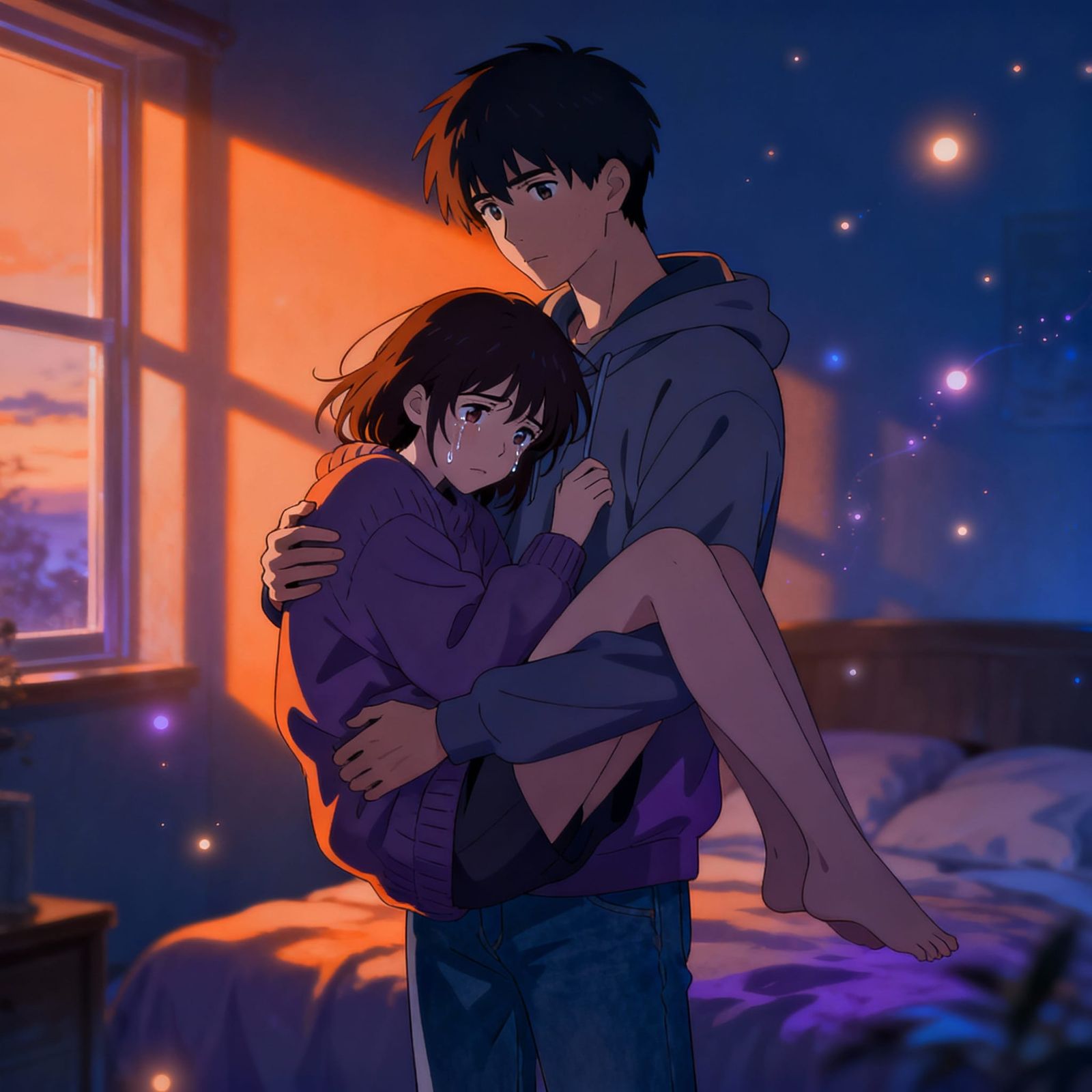 Emotional Anime Scene of Couple in Tender Embrace
