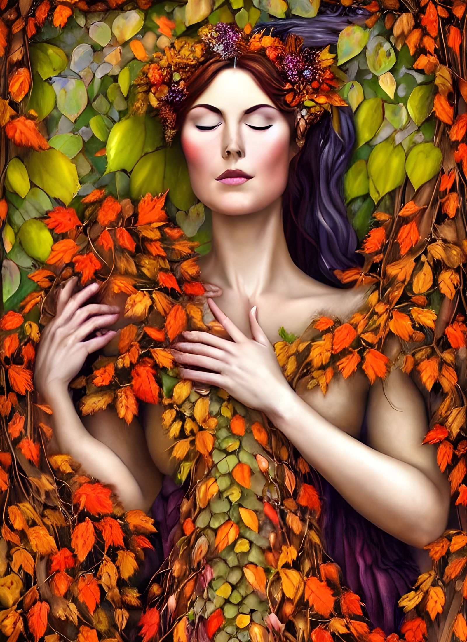 Autumn Goddess Protecting Harvest in Maximalist Painting