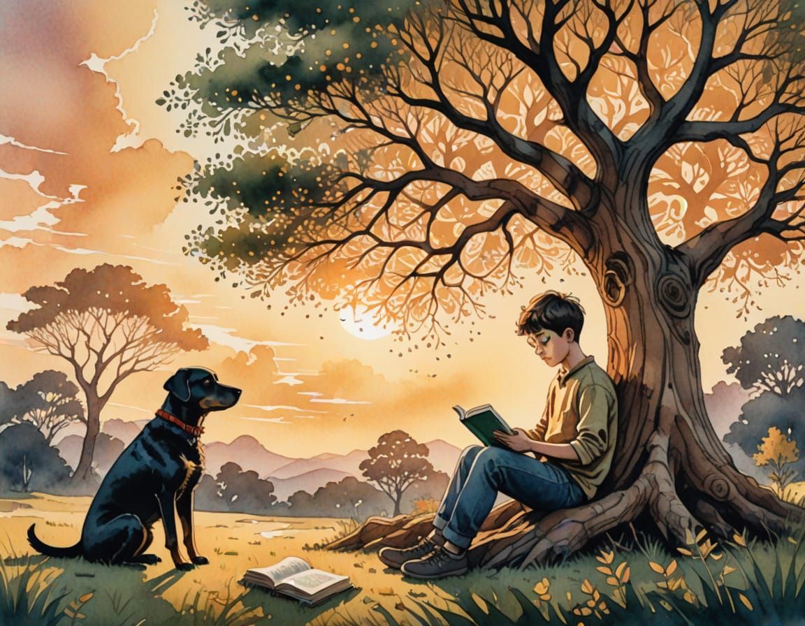 Boy Reads Under Fractal Tree in Golden Light