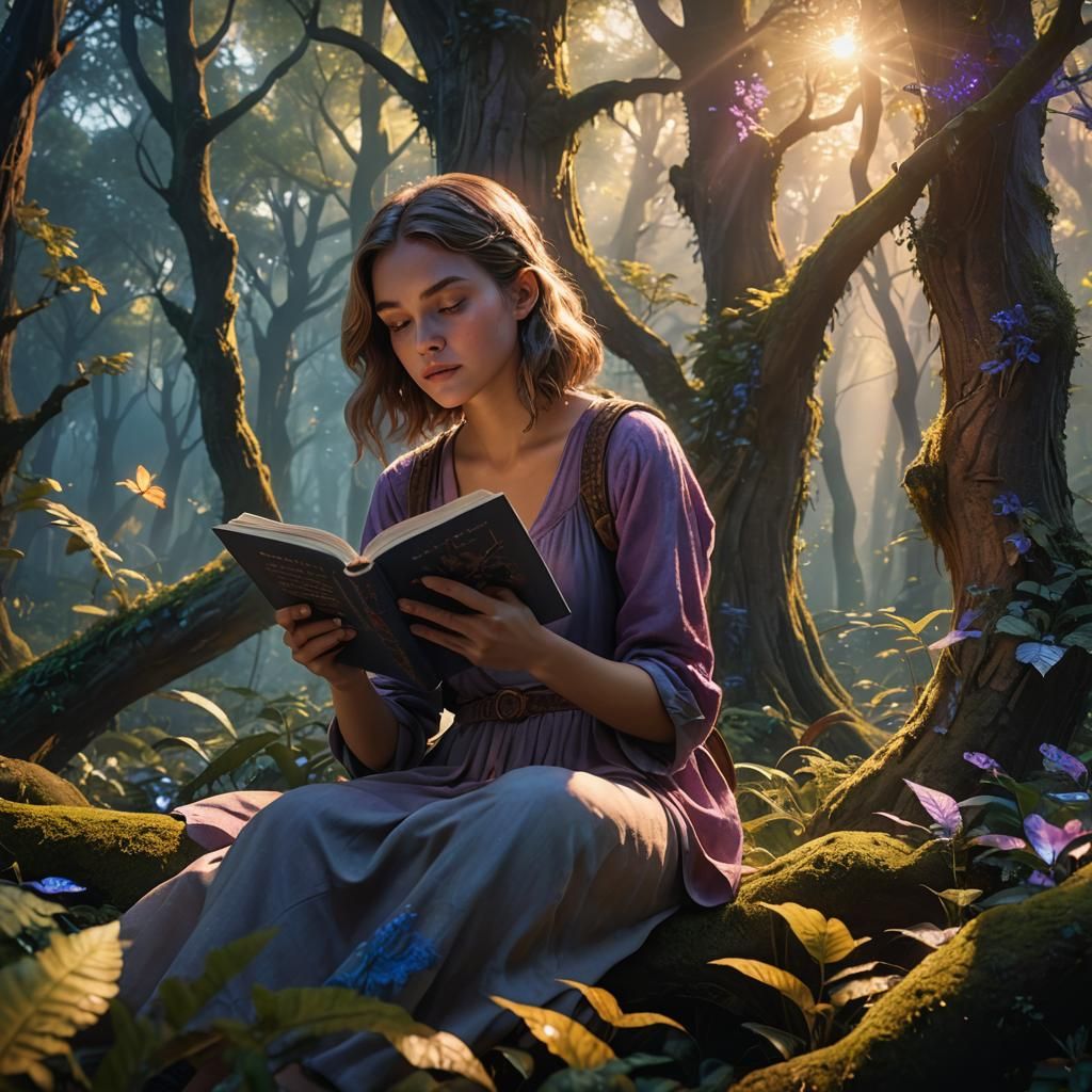 Girl Reading Book in Mystical Forest