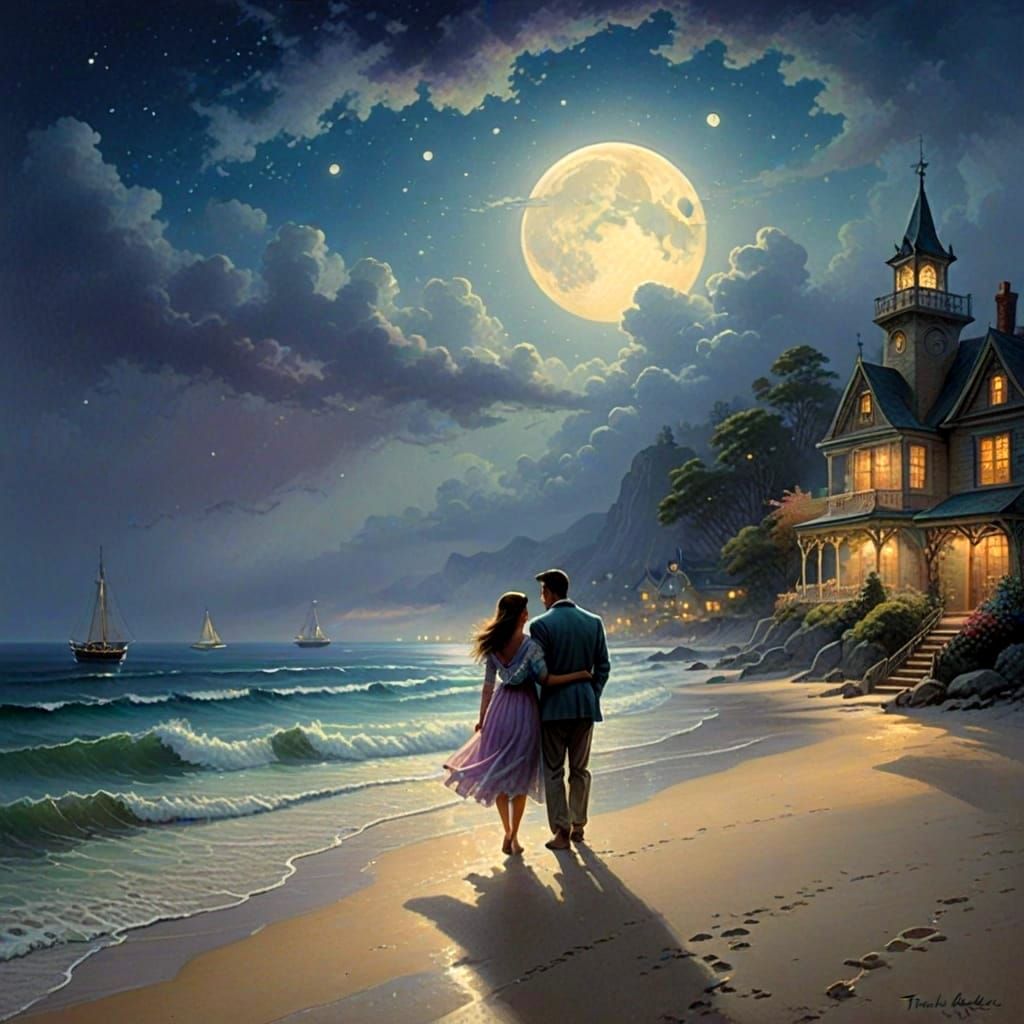 Romantic Moonlight Beach Scene in Ethereal Style