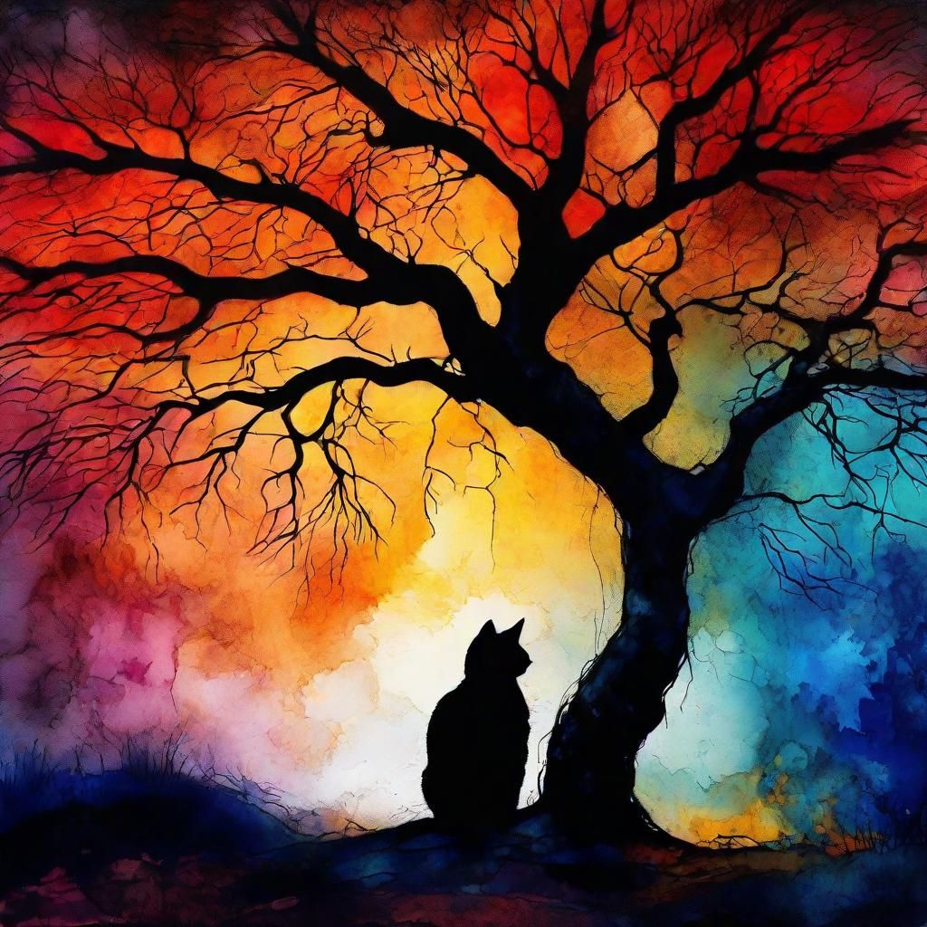 Cat Silhouette in Pre-Raphaelite Maximalist Landscape