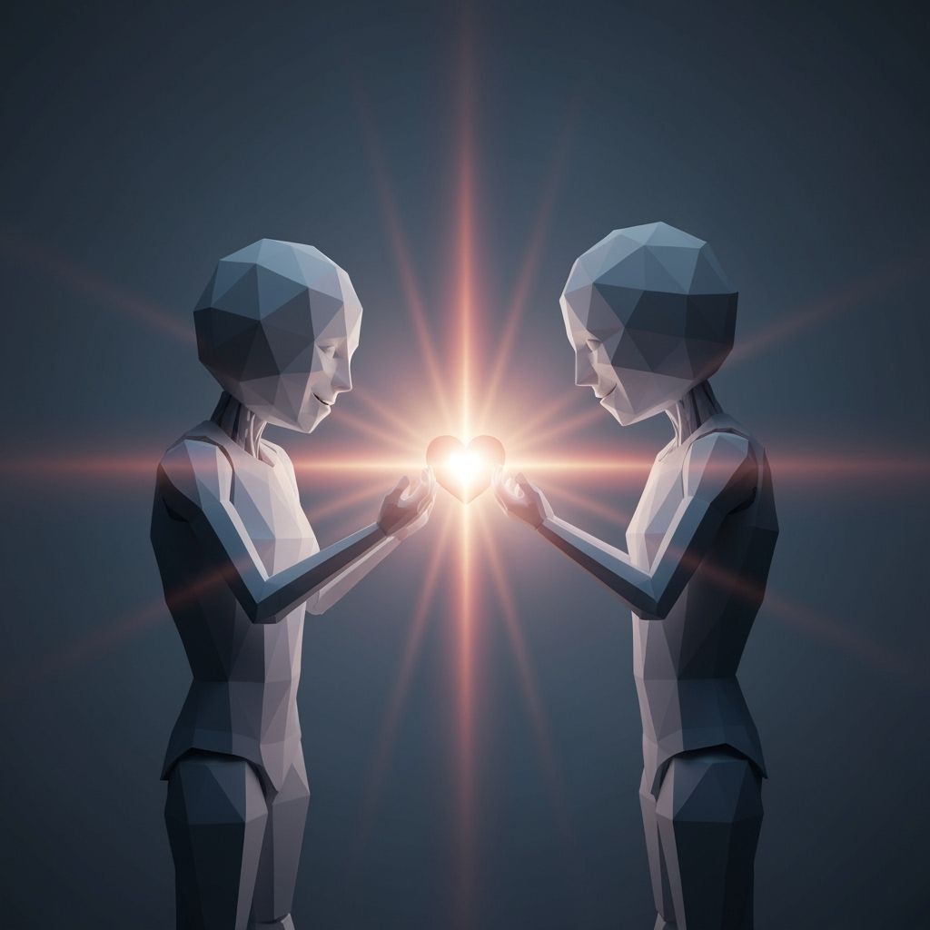 Abstract Geometric Beings Share Radiant Heart Light