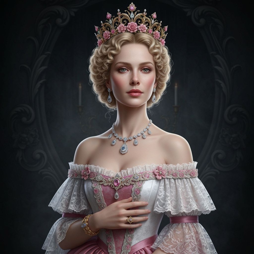 Regal Woman in Rococo Gown with Ornate Crown