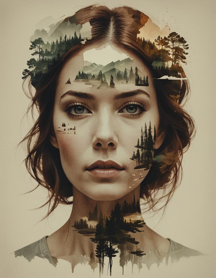 Double Exposure Portrait With Forest Landscape