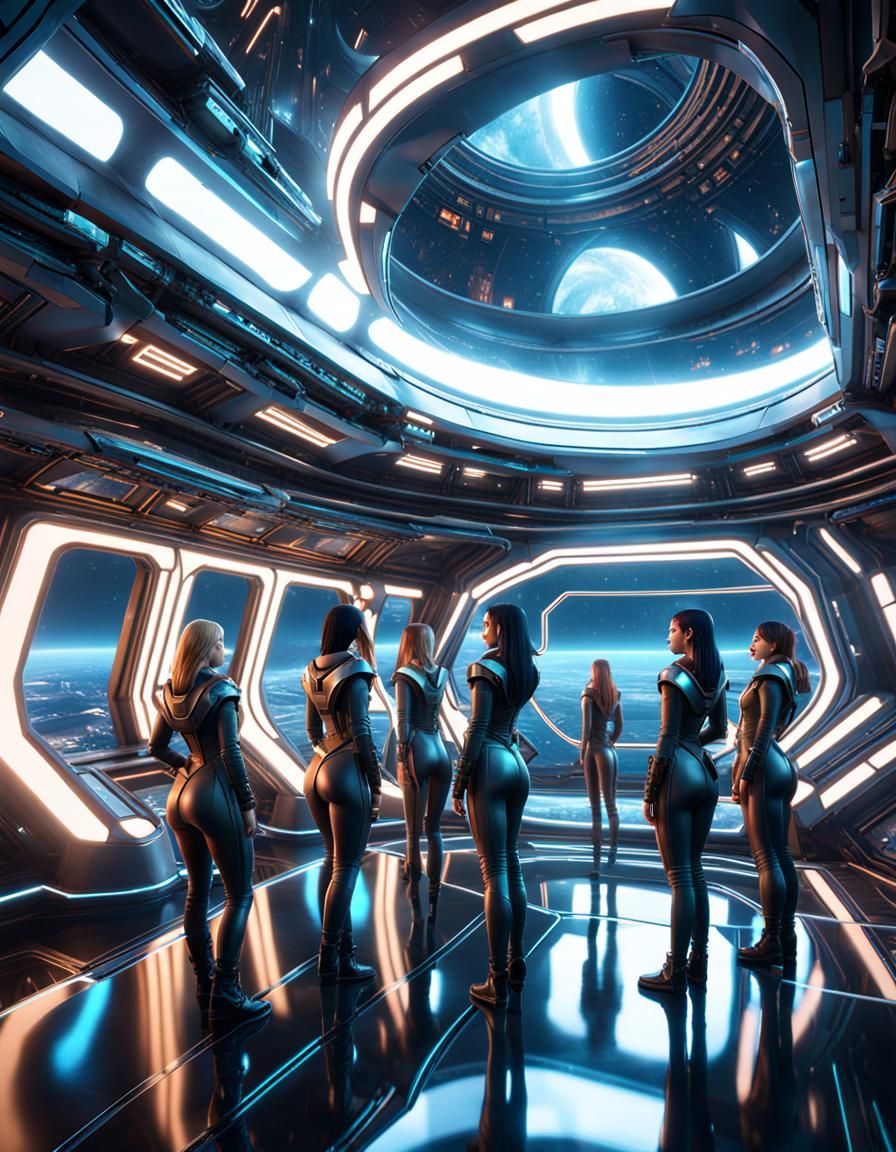 Women Explore Futuristic Spaceship Interior in Hyperrealisti...