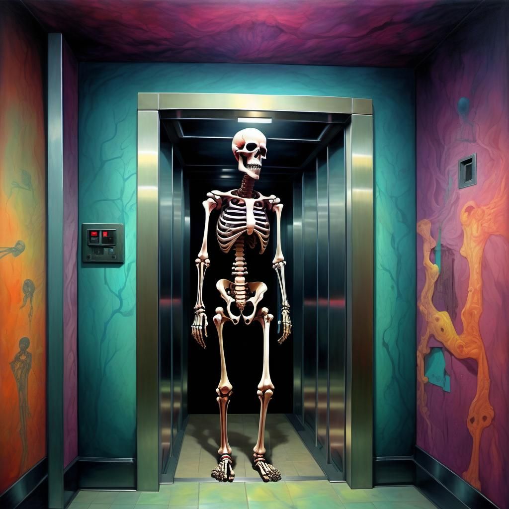 Surreal Skeleton in Claustrophobic Elevator