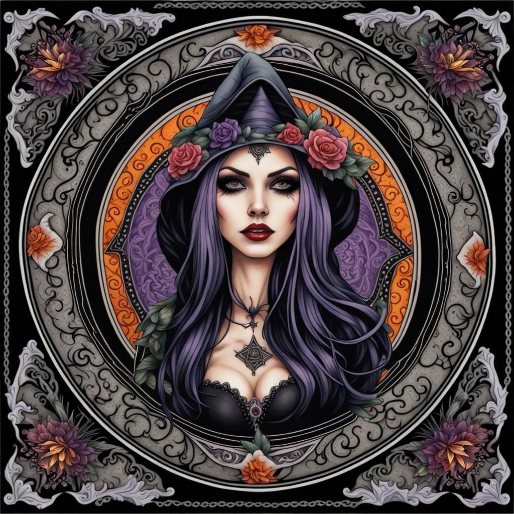 Gothic Witch Mandala with Art Nouveau Border