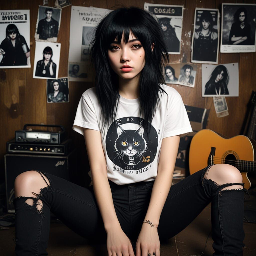 Moody Asian Emo Girl in Vintage Style
